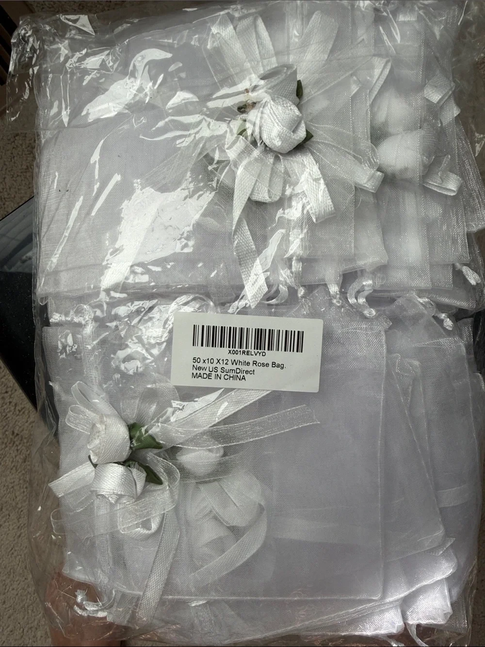 Elegant White Rose Organza Favor Bags with Green Leaves - 50 bags